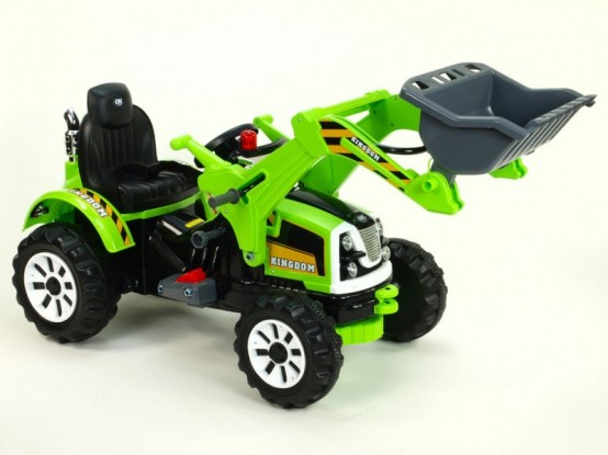 Dětský elektrický traktor Kingdom s ovladatelnou lžící, zelený
